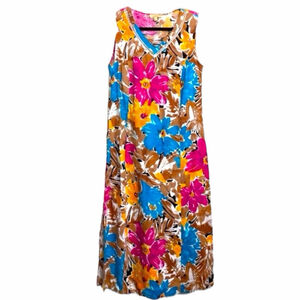 Choices Womens Large Linen Dress Floral Sleeveless V Neck Side Zip Multicolor